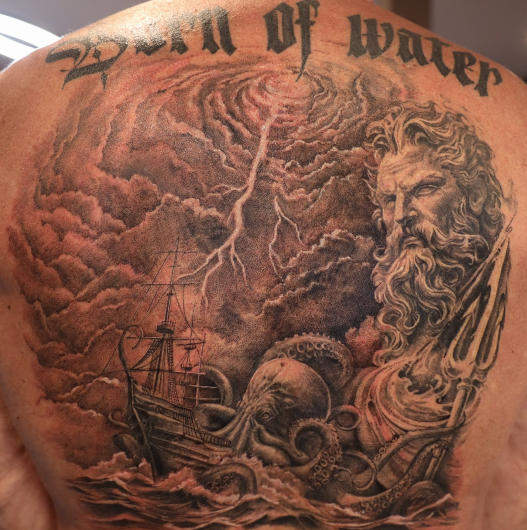 Born of Water - full back piece in black and grey